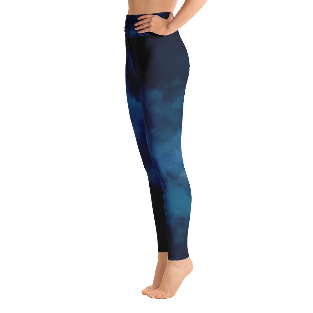 High waist Yoga leggings-Blue Watercolor Print