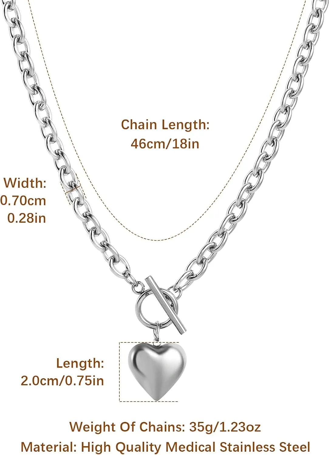 HZMAN Women Stainless Steel Multilayer Necklace Heart Pendant Dog Tag Pendant Chunky Cuban Chain Link Toggle Clasp Necklace