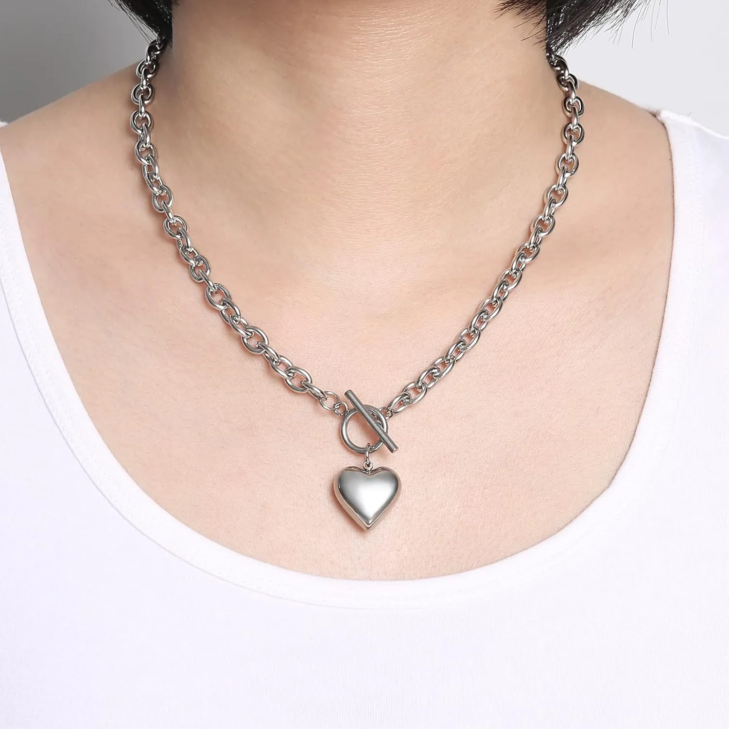 HZMAN Women Stainless Steel Multilayer Necklace Heart Pendant Dog Tag Pendant Chunky Cuban Chain Link Toggle Clasp Necklace