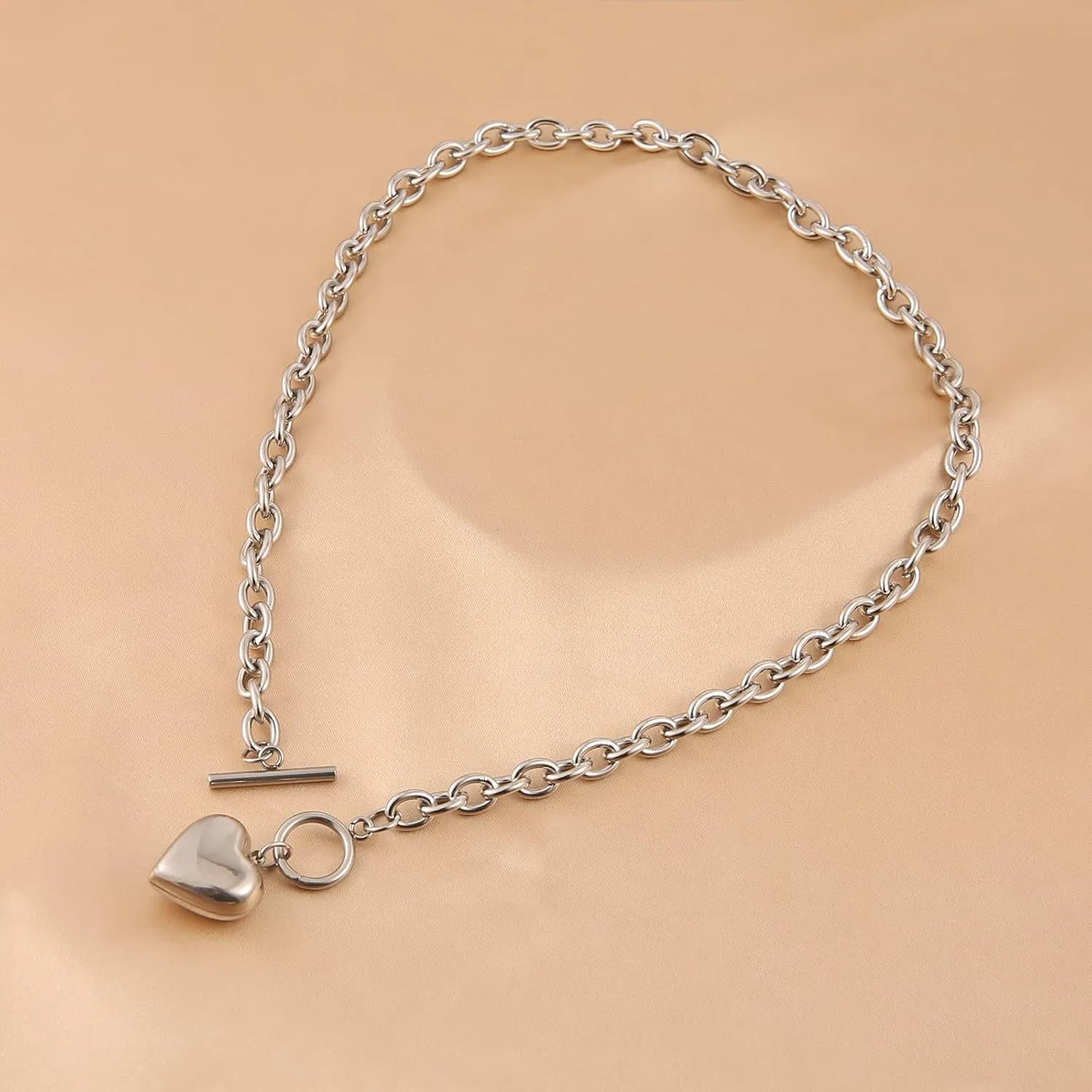 HZMAN Women Stainless Steel Multilayer Necklace Heart Pendant Dog Tag Pendant Chunky Cuban Chain Link Toggle Clasp Necklace