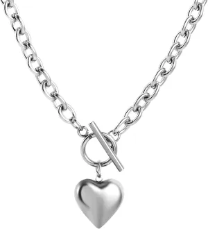 HZMAN Women Stainless Steel Multilayer Necklace Heart Pendant Dog Tag Pendant Chunky Cuban Chain Link Toggle Clasp Necklace
