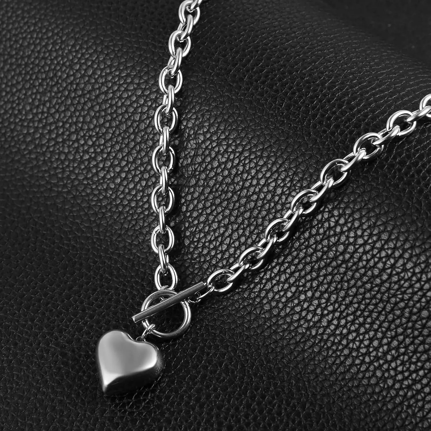 HZMAN Women Stainless Steel Multilayer Necklace Heart Pendant Dog Tag Pendant Chunky Cuban Chain Link Toggle Clasp Necklace