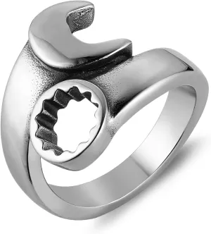 HZMAN Wrench Ring for Men Machinist Engineer Stainless Steel Polished Spanner Tool Rings Jewelry Gift