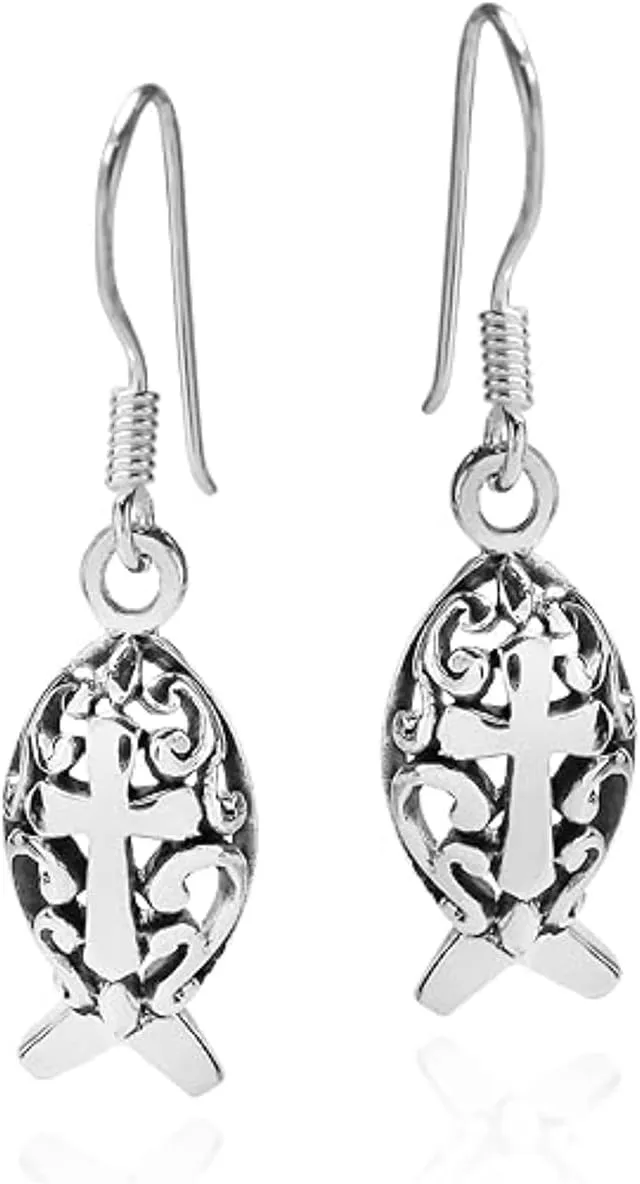 Ichthys Jesus Fish & Cross Dangle Earrings in 925 Sterling Silver | Elegant Faith-Inspired Christian Jewelry for Women