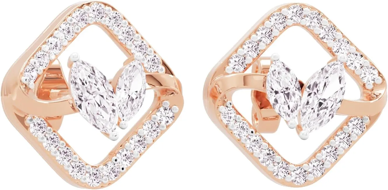 IGI Certified 1/2 Carat Lab Grown Duo Marquise Solitaire Cubical Halo Round Diamonds 14K Gold Glowing Dewdrop Stud Earrings for Women in White, Yellow and Rose Variants (FG, VVS-VS)