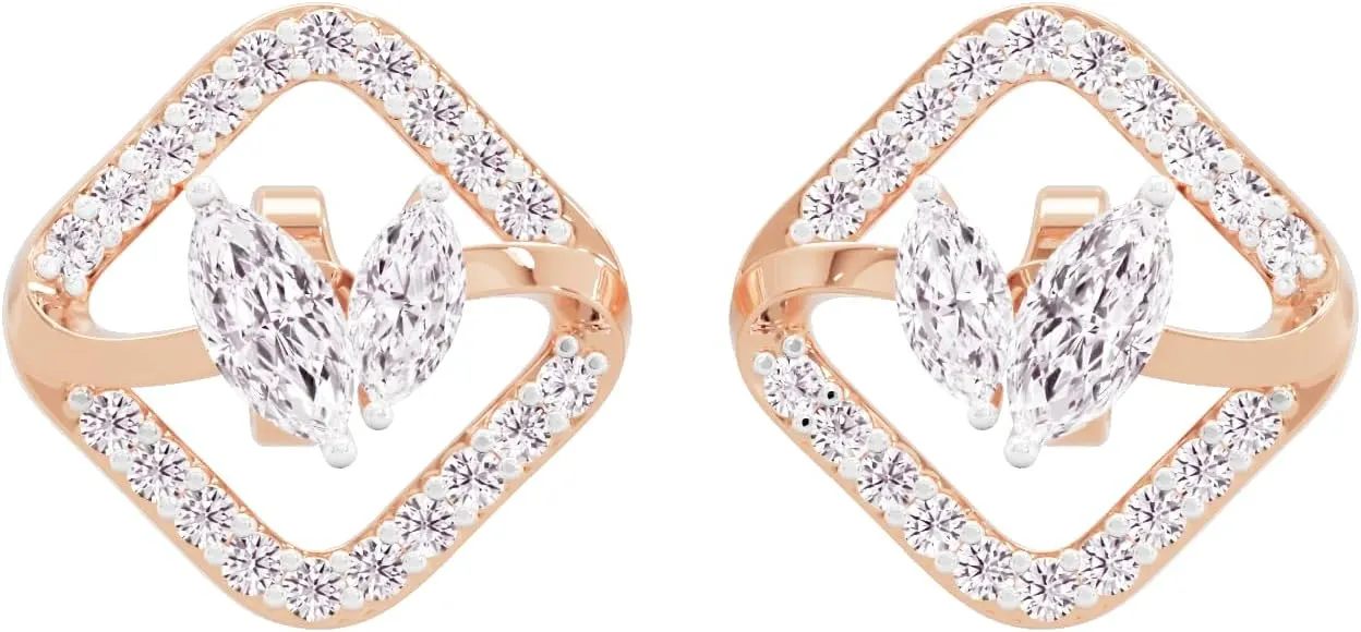 IGI Certified 1/2 Carat Lab Grown Duo Marquise Solitaire Cubical Halo Round Diamonds 14K Gold Glowing Dewdrop Stud Earrings for Women in White, Yellow and Rose Variants (FG, VVS-VS)