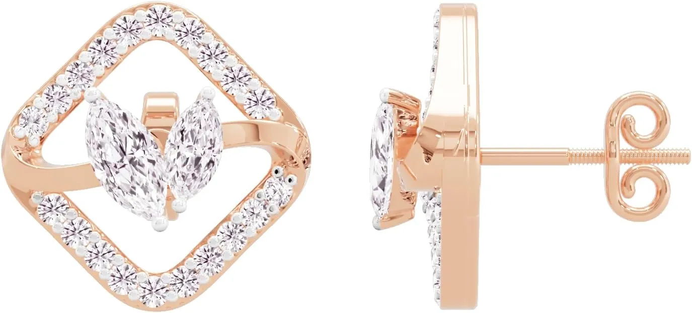 IGI Certified 1/2 Carat Lab Grown Duo Marquise Solitaire Cubical Halo Round Diamonds 14K Gold Glowing Dewdrop Stud Earrings for Women in White, Yellow and Rose Variants (FG, VVS-VS)