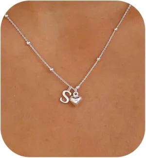 Initial Necklaces for Women,Cute Heart Letter Necklace Small Silver Necklace for Women Trendy Silver Jewelry