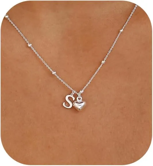 Initial Necklaces for Women,Cute Heart Letter Necklace Small Silver Necklace for Women Trendy Silver Jewelry