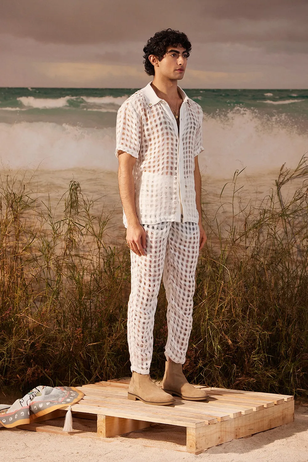 Ivory Chequette Mesh Trousers