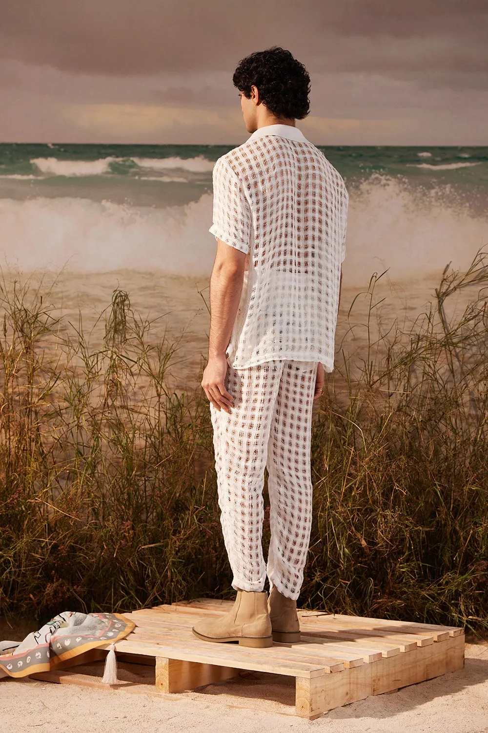Ivory Chequette Mesh Trousers