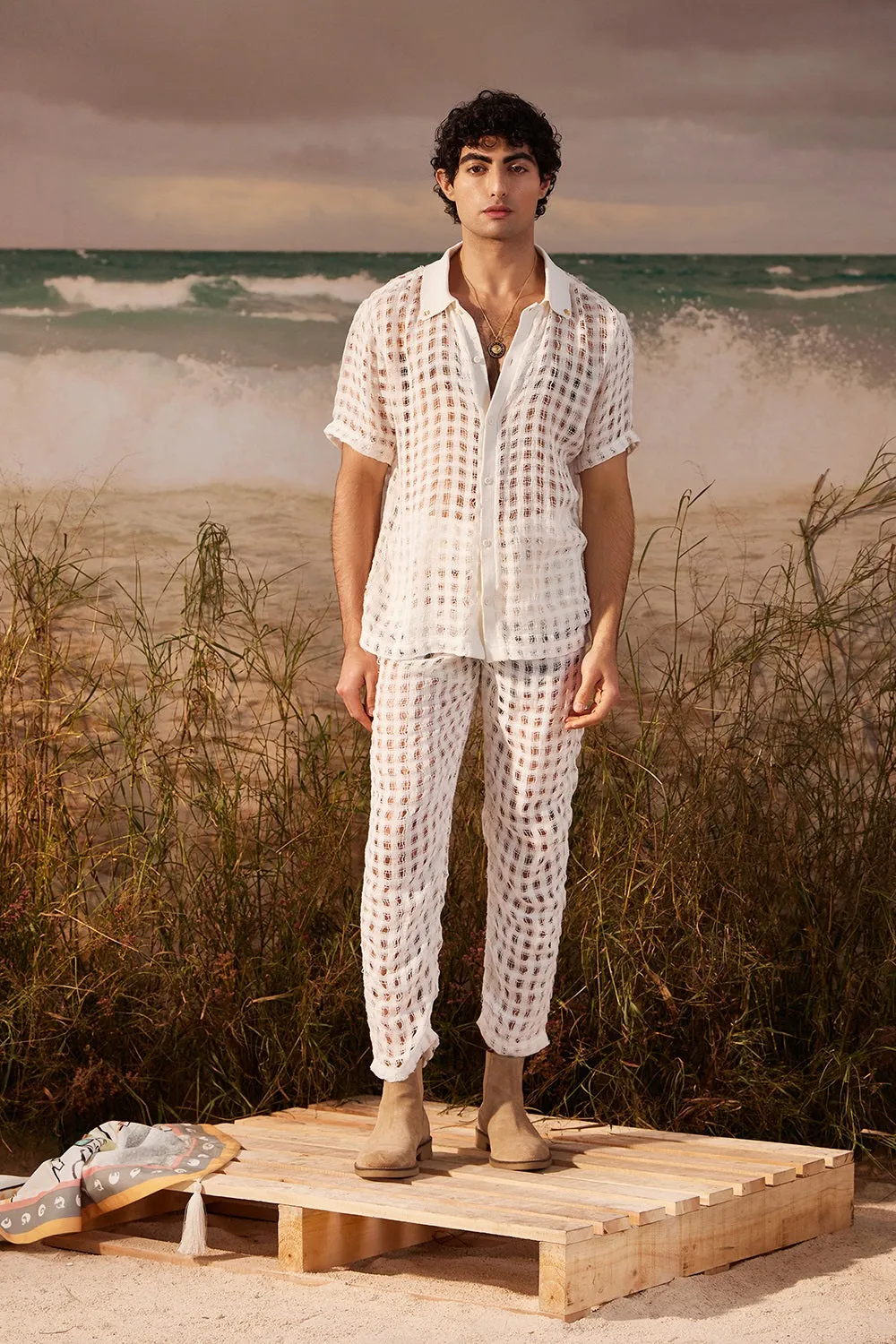 Ivory Chequette Mesh Trousers