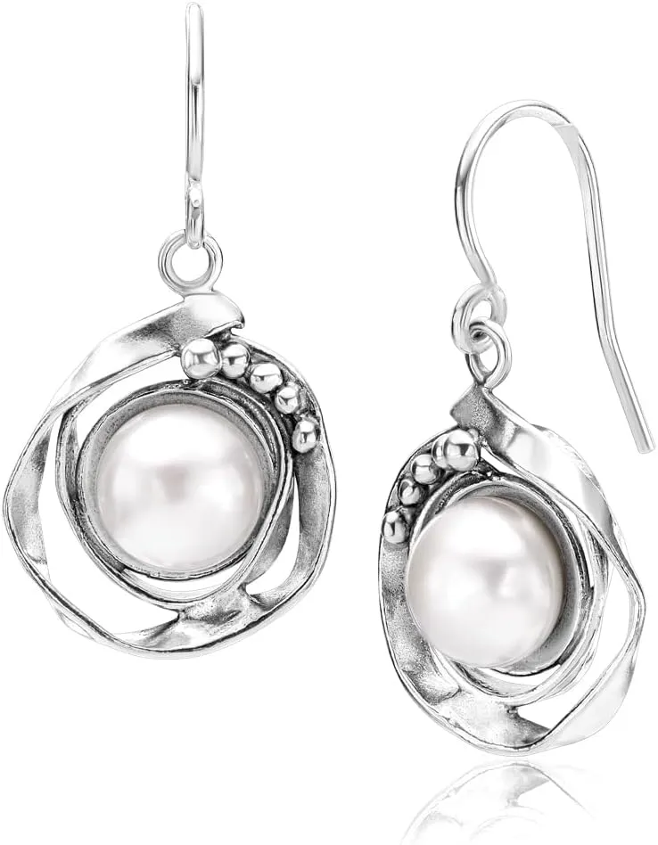 JEAN RACHEL JEWELRY 925 Sterling Silver Dangle Earrings for Women - Round Wire with Freshwater Pearl Vintage Design - Hypoallergenic, Lead & Nickel Free - Artisan Handcrafted Statement Earrings