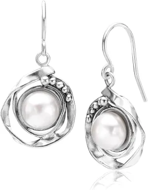 JEAN RACHEL JEWELRY 925 Sterling Silver Dangle Earrings for Women - Round Wire with Freshwater Pearl Vintage Design - Hypoallergenic, Lead & Nickel Free - Artisan Handcrafted Statement Earrings