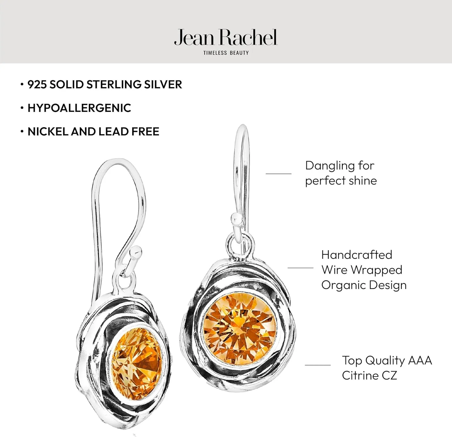 JEAN RACHEL JEWELRY 925 Sterling Silver Dangle Earrings for Women - Wire Wrap with Bezel Set Cubic Zirconia Vintage Design - Hypoallergenic, Lead & Nickel Free - Artisan Handcrafted Statement Earrings