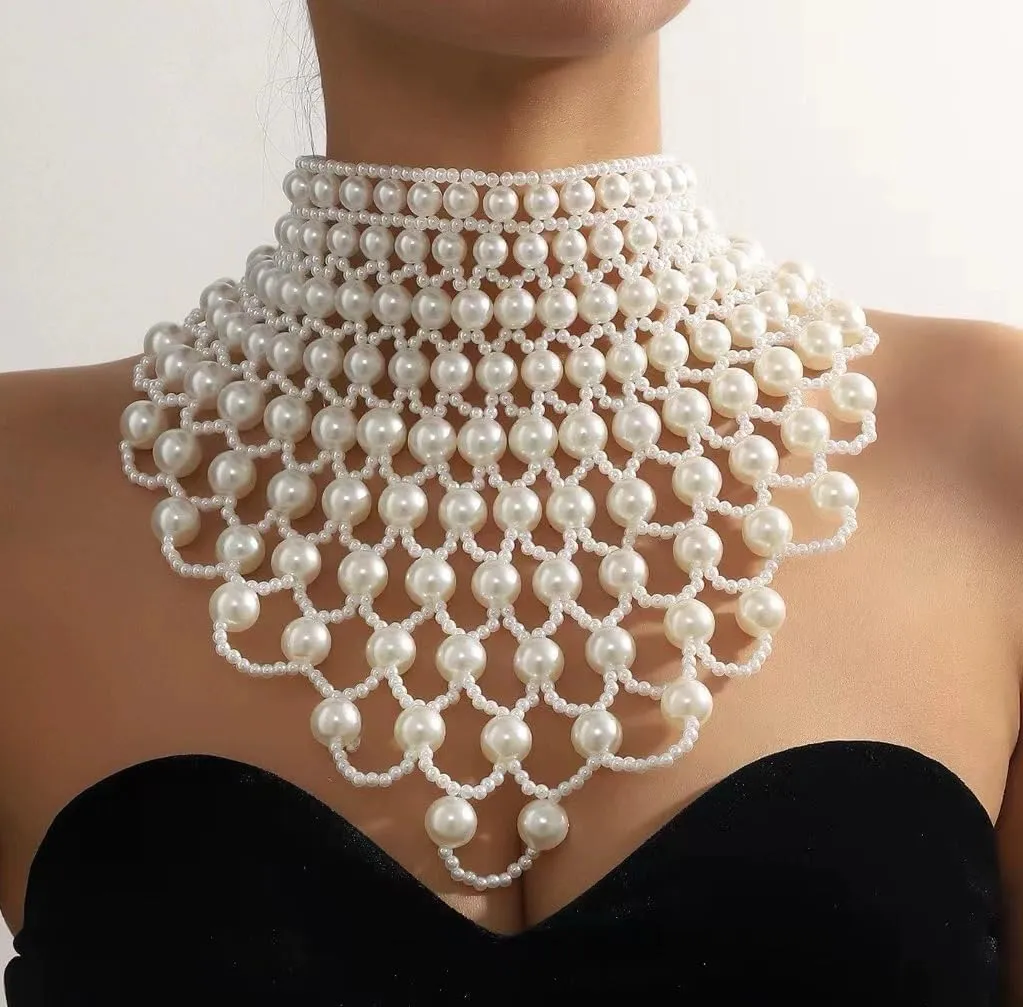 Jerollin Simulated Pearl Body Statement Necklace for Women, Fashion Collar Bib Necklaces Fashion Costume Jewelry