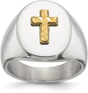 JewelryWeb 9mm Stainless Steel Polished With 14k Accent Sparkle Cut Religious Faith Cross Oval Signet Ring Size 10 Band Style-Ring for Women