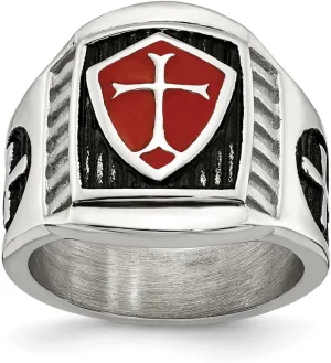 JewelryWeb Stainless Steel Artisan Oxidized and Polished With Red Enamel Religious Faith Cross And Shield Ring Size 9 Band Style-Ring for Women