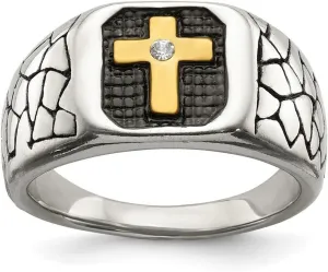 JewelryWeb Stainless Steel Artisan Oxidized and Polished Yellow Ip Plated With Crystal Religious Faith Cross Ring Size 12 Band Style-Ring for Women
