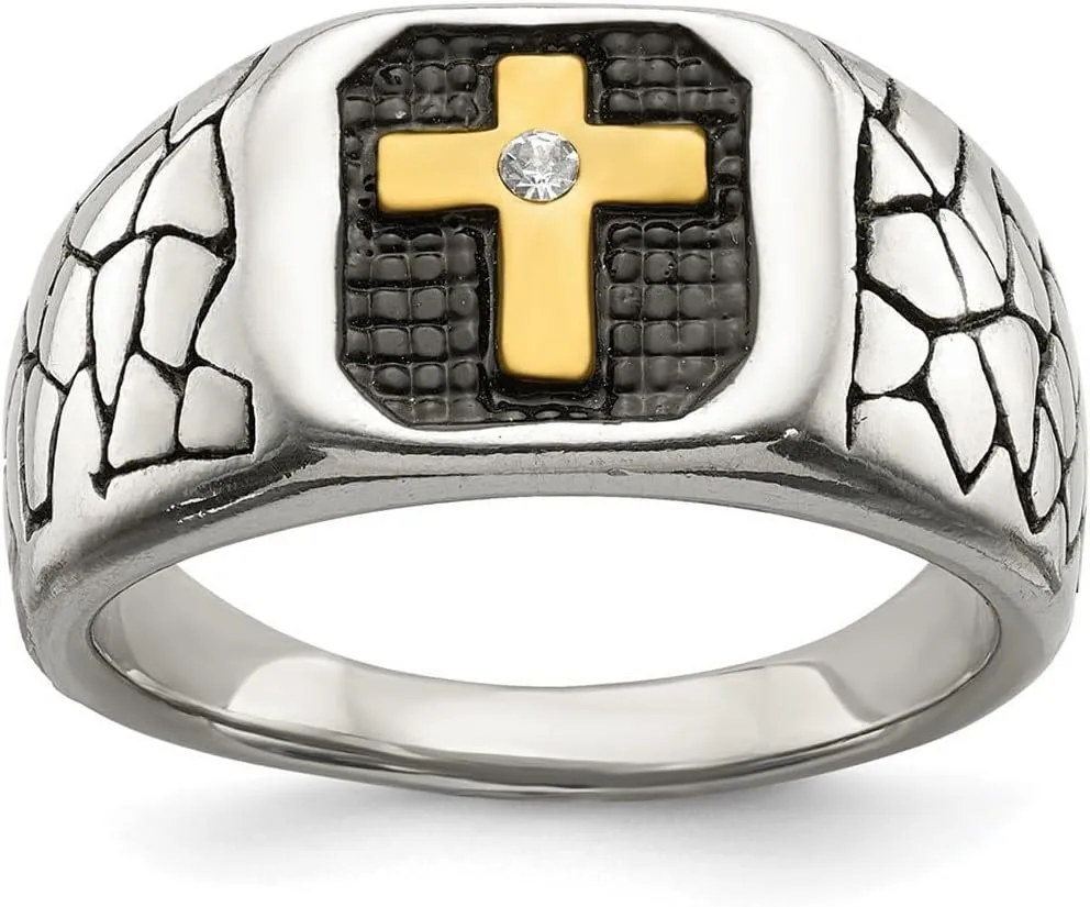 JewelryWeb Stainless Steel Artisan Oxidized and Polished Yellow Ip Plated With Crystal Religious Faith Cross Ring Size 12 Band Style-Ring for Women