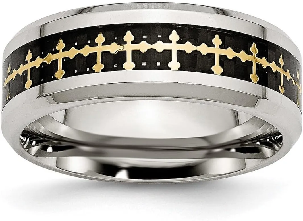 JewelryWeb Stainless Steel Beveled Edge Polished Carbon Fiber Yellow Ip Plated Religious Faith Crosses Ring Size 11.5 Band Style-Ring for Women