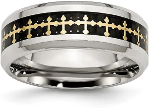 JewelryWeb Stainless Steel Beveled Edge Polished Carbon Fiber Yellow Ip Plated Religious Faith Crosses Ring Size 13 Band Style-Ring for Women