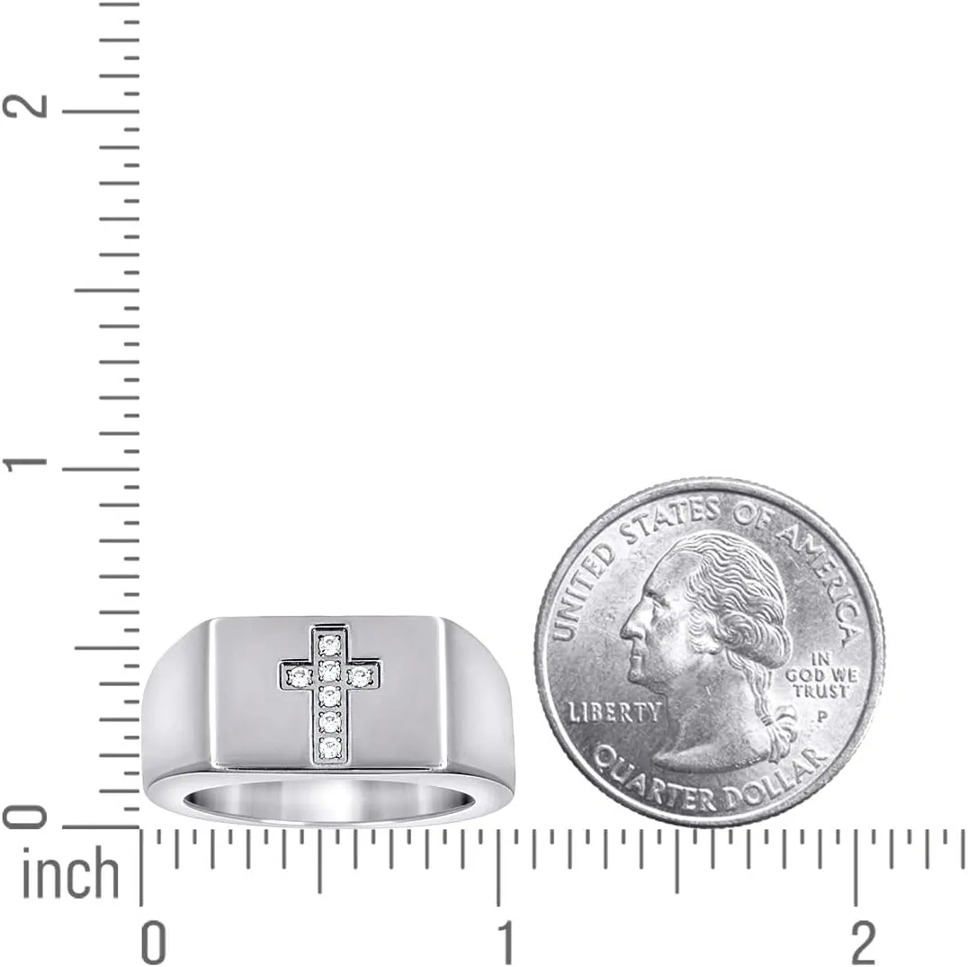 JewelryWeb Stainless Steel Mens CZ Simulated Diamond Religious Faith Cross Polished Band Comfort-Fit Fashion-Band Ring 11.9mm Wide Wedding-Band for Men