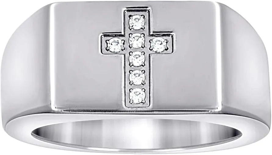 JewelryWeb Stainless Steel Mens CZ Simulated Diamond Religious Faith Cross Polished Band Comfort-Fit Fashion-Band Ring 11.9mm Wide Wedding-Band for Men