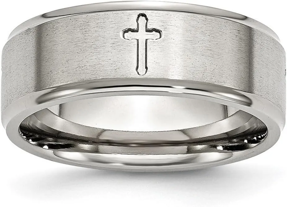 JewelryWeb Stainless Steel Ridged Edge Religious Faith Cross 8mm Brushed and Polished Band Ring Size 12.5-Band Style-Ring for Women and Men