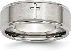 JewelryWeb Stainless Steel Ridged Edge Religious Faith Cross 8mm Brushed and Polished Band Ring Size 12.5-Band Style-Ring for Women and Men