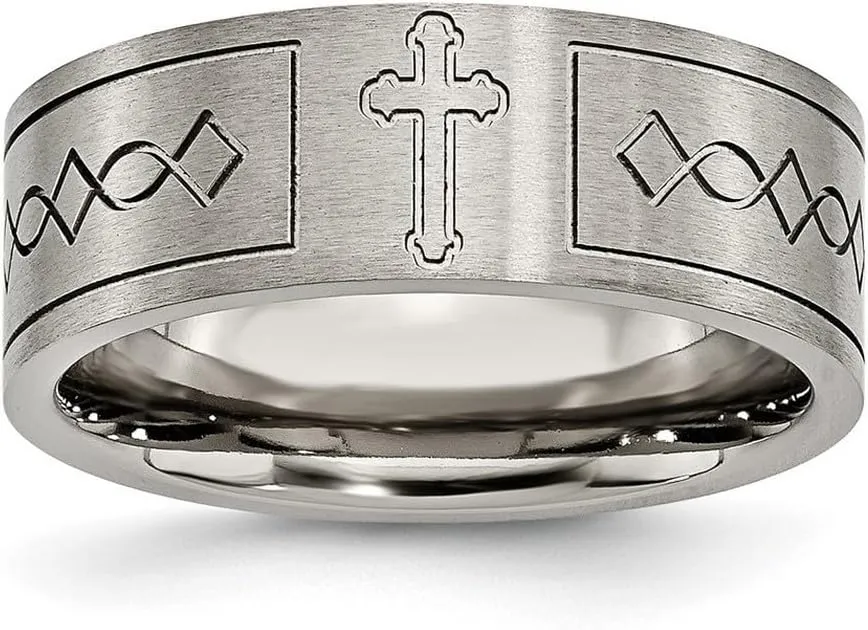 JewelryWeb Titanium Brushed Polished Flat Band Religious Faith Cross Design-Flat 8mm Satin-Band Ring Size 10.5-Band Style-Ring for Women and Men
