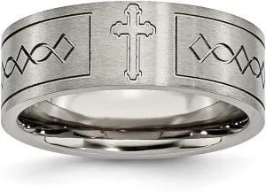 JewelryWeb Titanium Brushed Polished Flat Band Religious Faith Cross Design-Flat 8mm Satin-Band Ring Size 10.5-Band Style-Ring for Women and Men