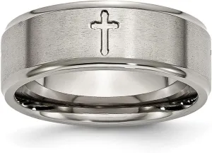 JewelryWeb Titanium Brushed Polished Ridged Edge Religious Faith Cross 8mm Brush/Polish Band Size 8.5-Band Style Ring for Women and Men