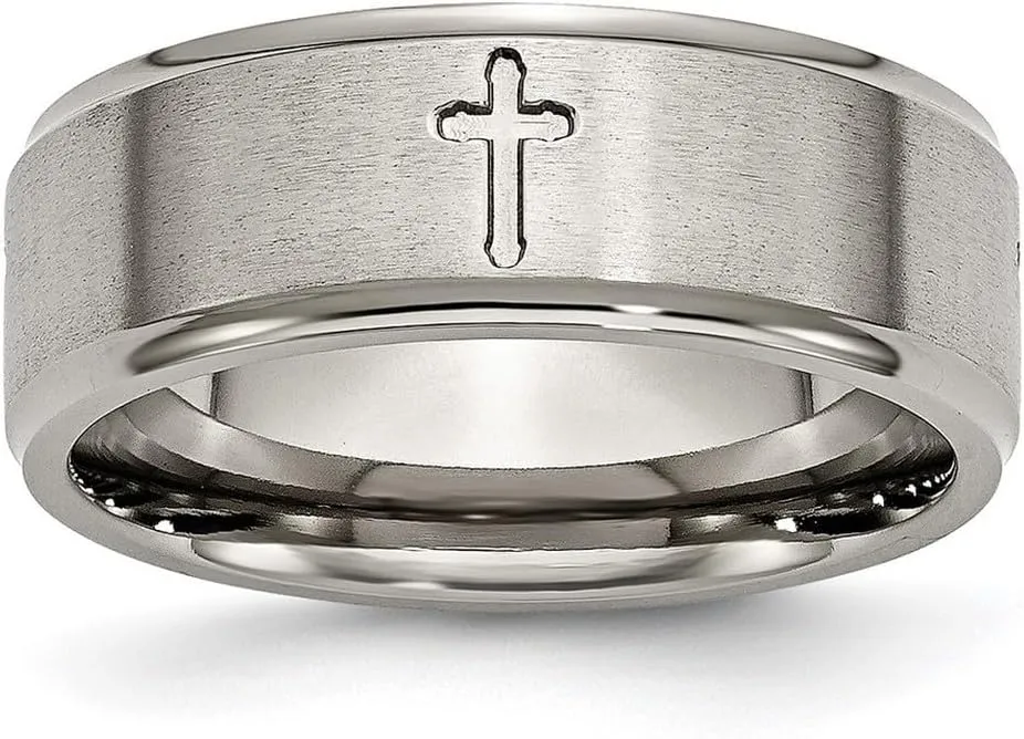 JewelryWeb Titanium Brushed Polished Ridged Edge Religious Faith Cross 8mm Brush/Polish Band Size 8.5-Band Style Ring for Women and Men