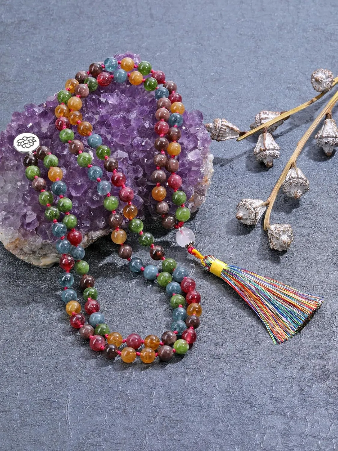 Jovivi 108 Mala Beads Bracelet Real Stones 7 Chakra Healing Crystals Necklace with 12 Facted Prism Pointed Pendant Reiki Energy Balancing Prayer Mala Beads for Meditation