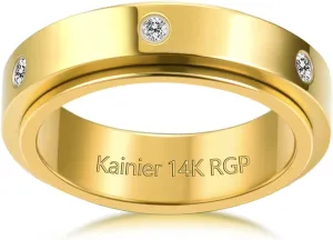 Kainier 14K Gold Plated Anxiety Rings Cubic Zirconia Stones Spinner Fidget Band Rings for Women Men Relieving Anxiety Lucky Rings Comfort Fit Size 5 to 10