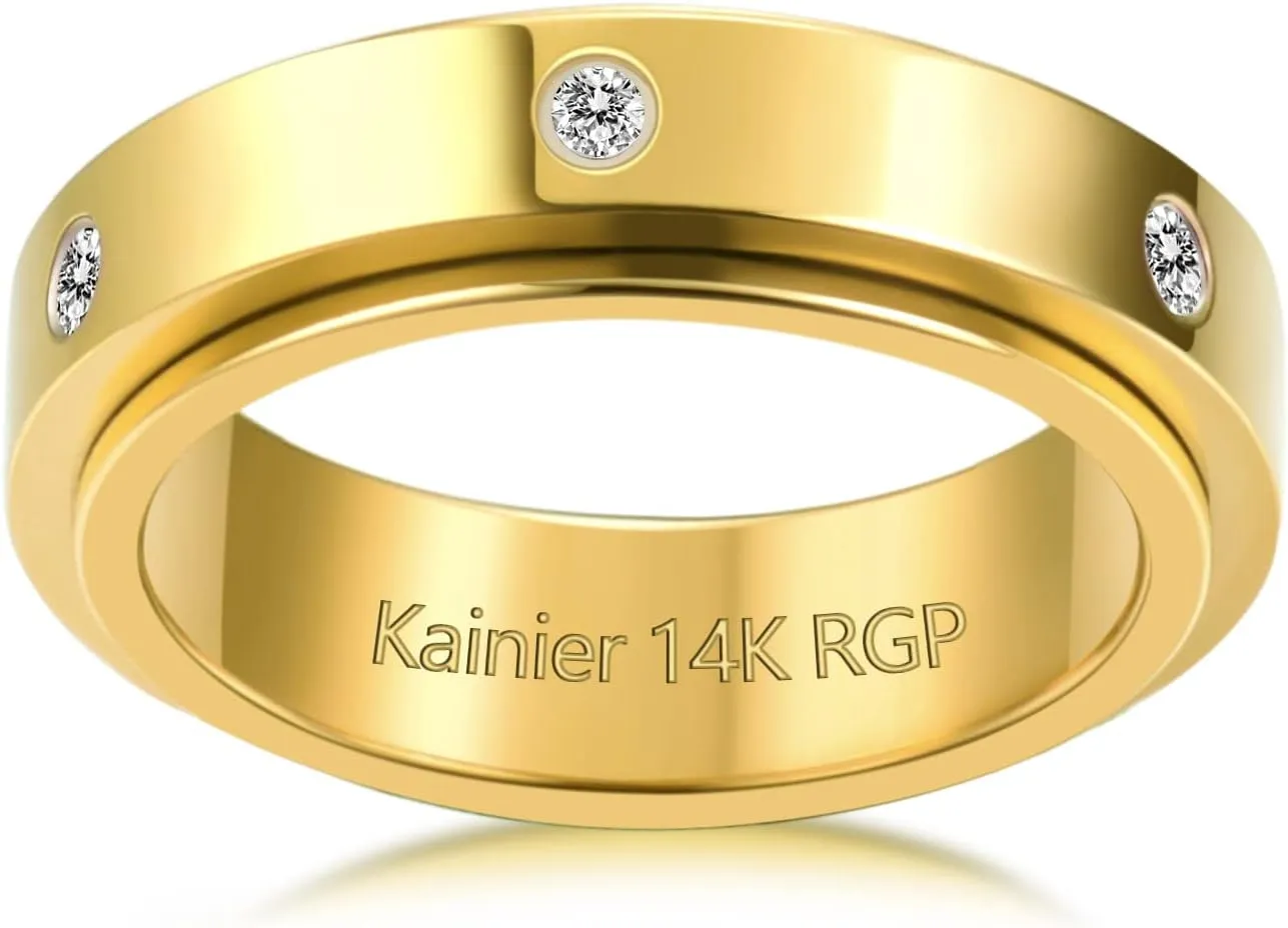 Kainier 14K Gold Plated Anxiety Rings Cubic Zirconia Stones Spinner Fidget Band Rings for Women Men Relieving Anxiety Lucky Rings Comfort Fit Size 5 to 10