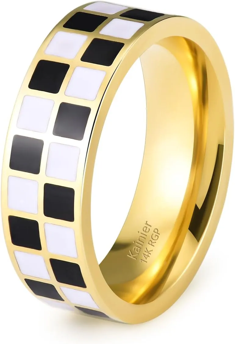 Kainier 6mm 14k Gold Plated Rings Polished Checkerboard Bands Knuckle Statement Pointer Finger Ring Comfort Fit Size 5-9
