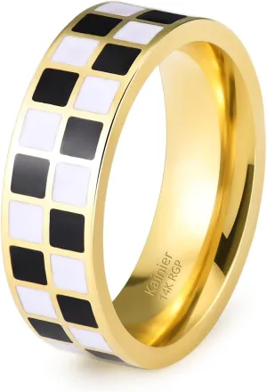 Kainier 6mm 14k Gold Plated Rings Polished Checkerboard Bands Knuckle Statement Pointer Finger Ring Comfort Fit Size 5-9