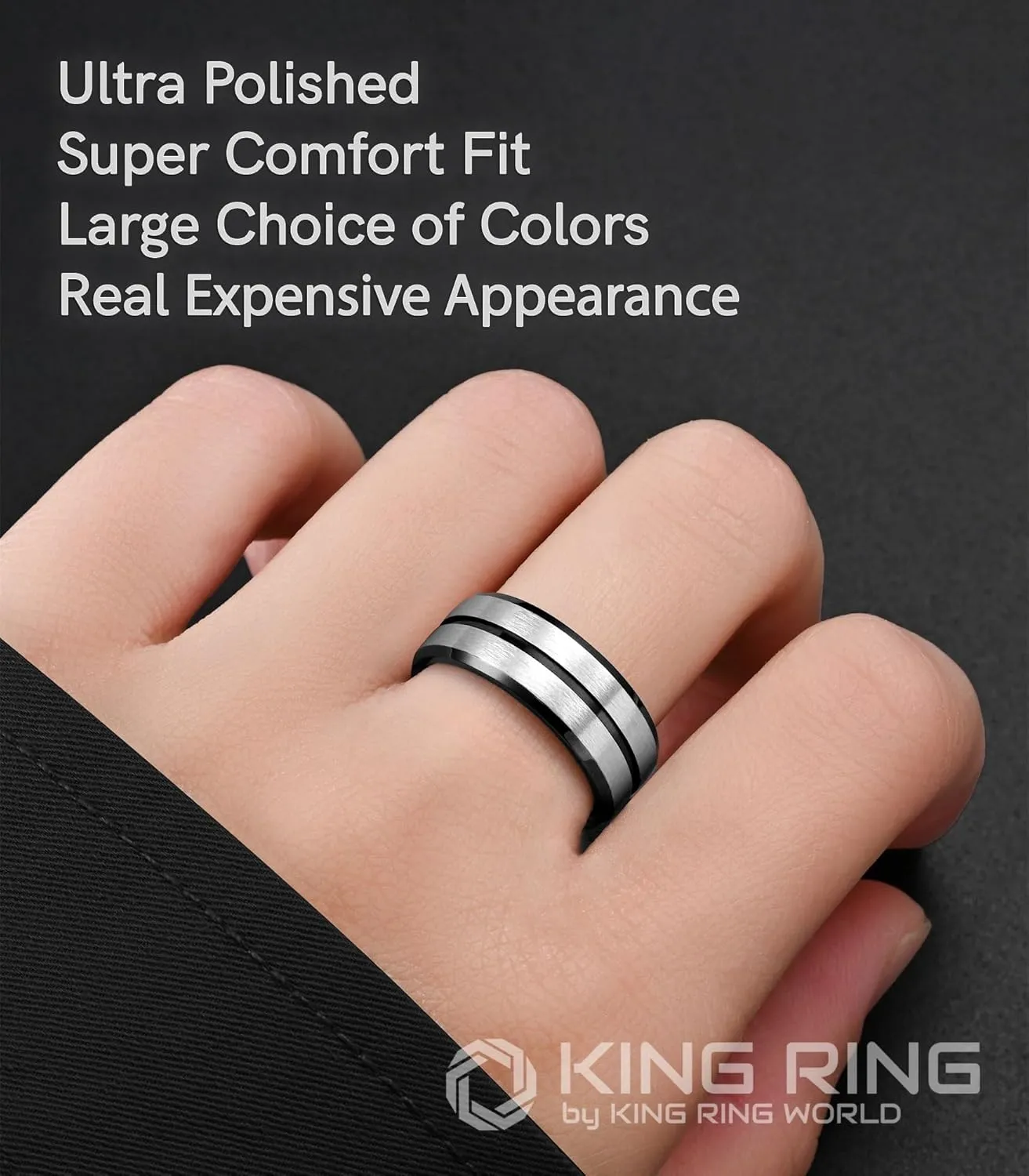 King Ring 8mm Flat Lines Rings  Ultra Polished Stainless Steel Bands for Men & Women with Two Matt Lines  Designed in USA