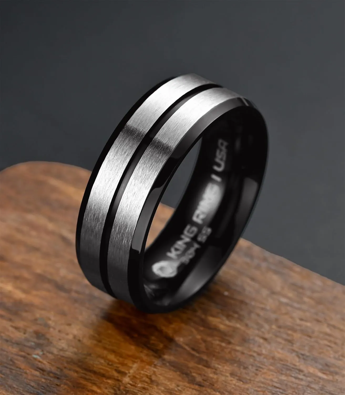 King Ring 8mm Flat Lines Rings  Ultra Polished Stainless Steel Bands for Men & Women with Two Matt Lines  Designed in USA
