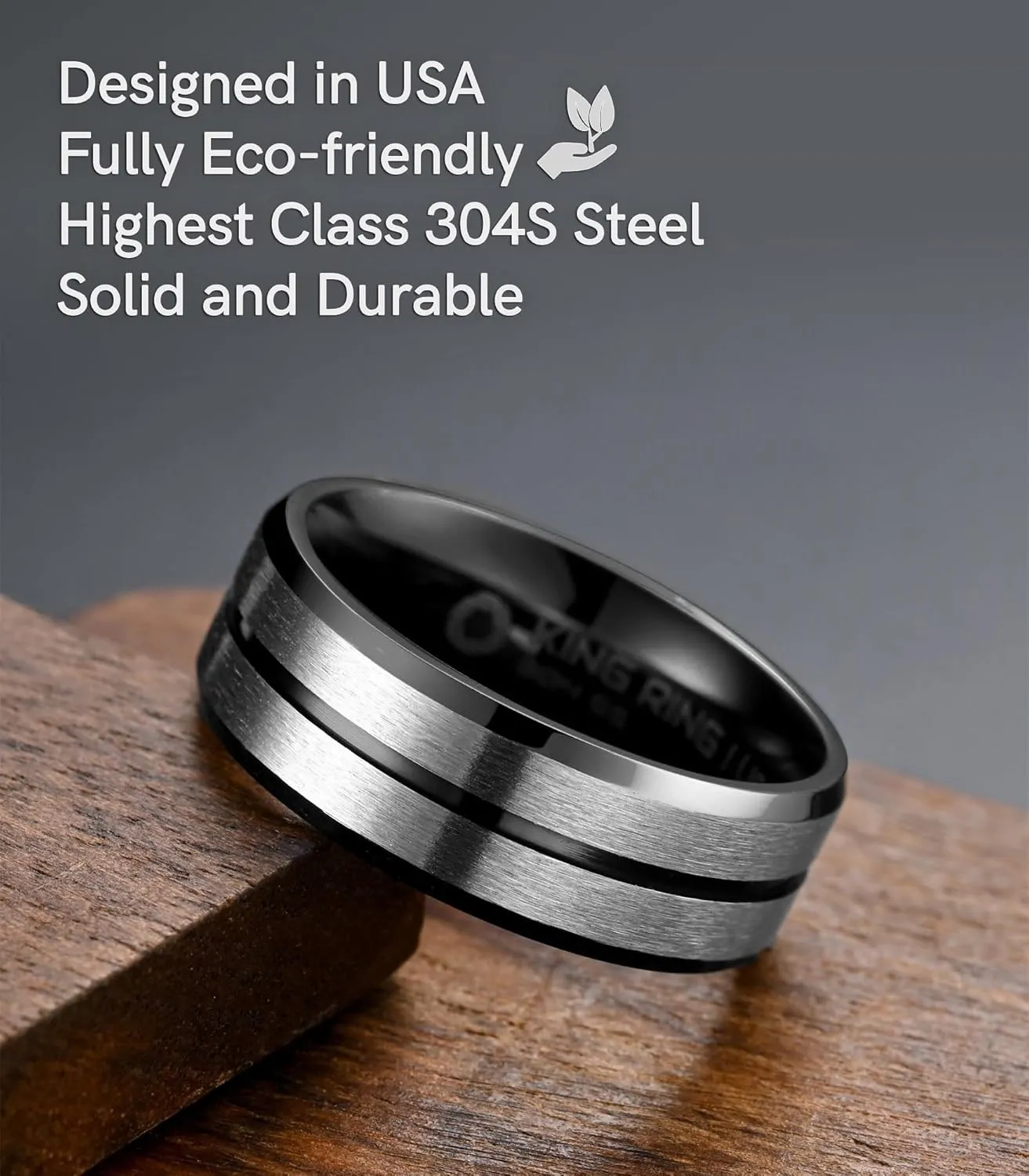 King Ring 8mm Flat Lines Rings  Ultra Polished Stainless Steel Bands for Men & Women with Two Matt Lines  Designed in USA