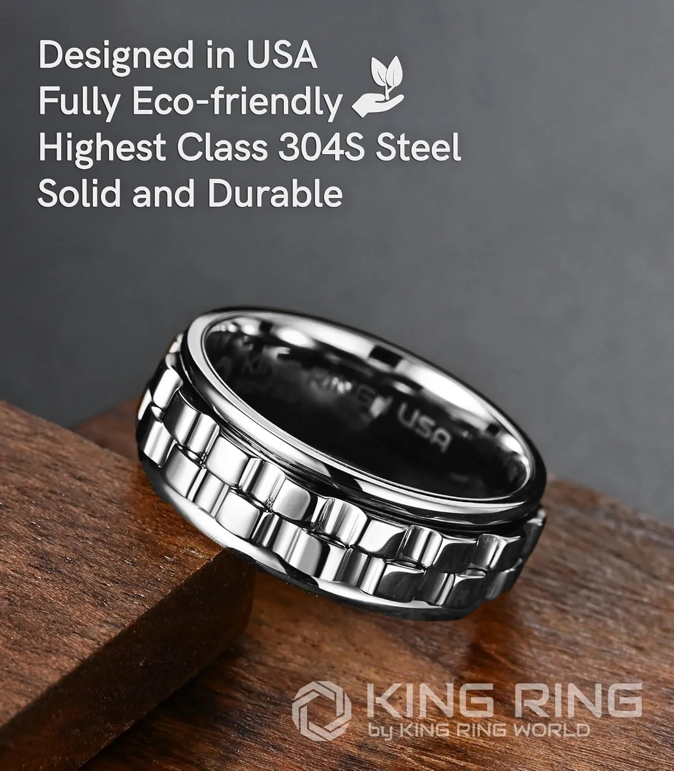King Ring 8mm Wide Gear Spinner Rings  Ultra Polished Heavy Fidget Rings for Men & Women  Designed in USA