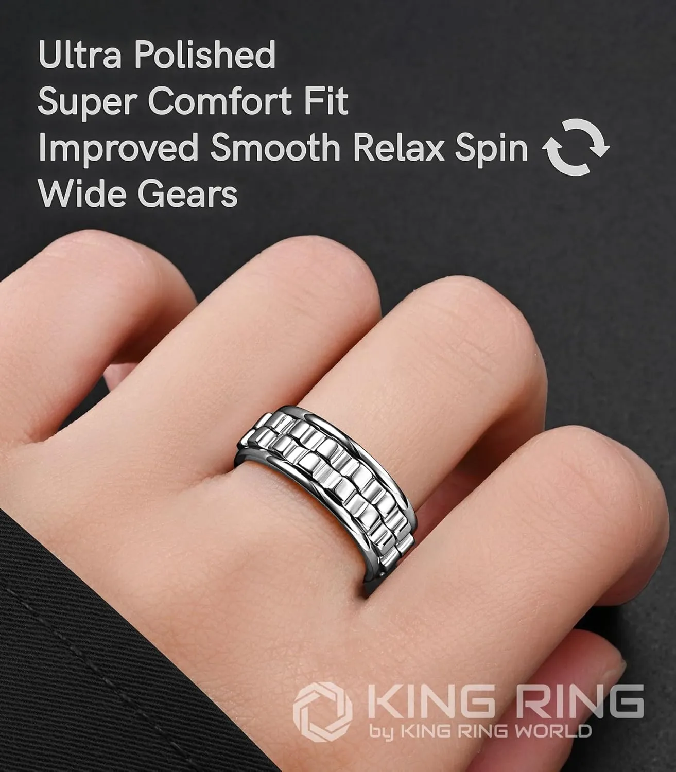 King Ring 8mm Wide Gear Spinner Rings  Ultra Polished Heavy Fidget Rings for Men & Women  Designed in USA