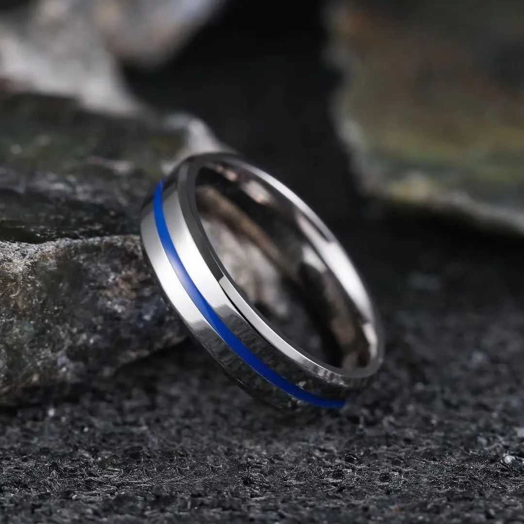 King Will 6mm Men Titanium Wedding Ring Blue Silver Center Polished Engagement Ring for Unisex