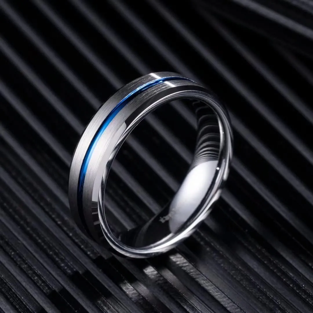 King Will 6mm Men Titanium Wedding Ring Blue Silver Center Polished Engagement Ring for Unisex