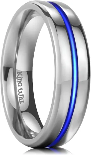 King Will 6mm Men Titanium Wedding Ring Blue Silver Center Polished Engagement Ring for Unisex