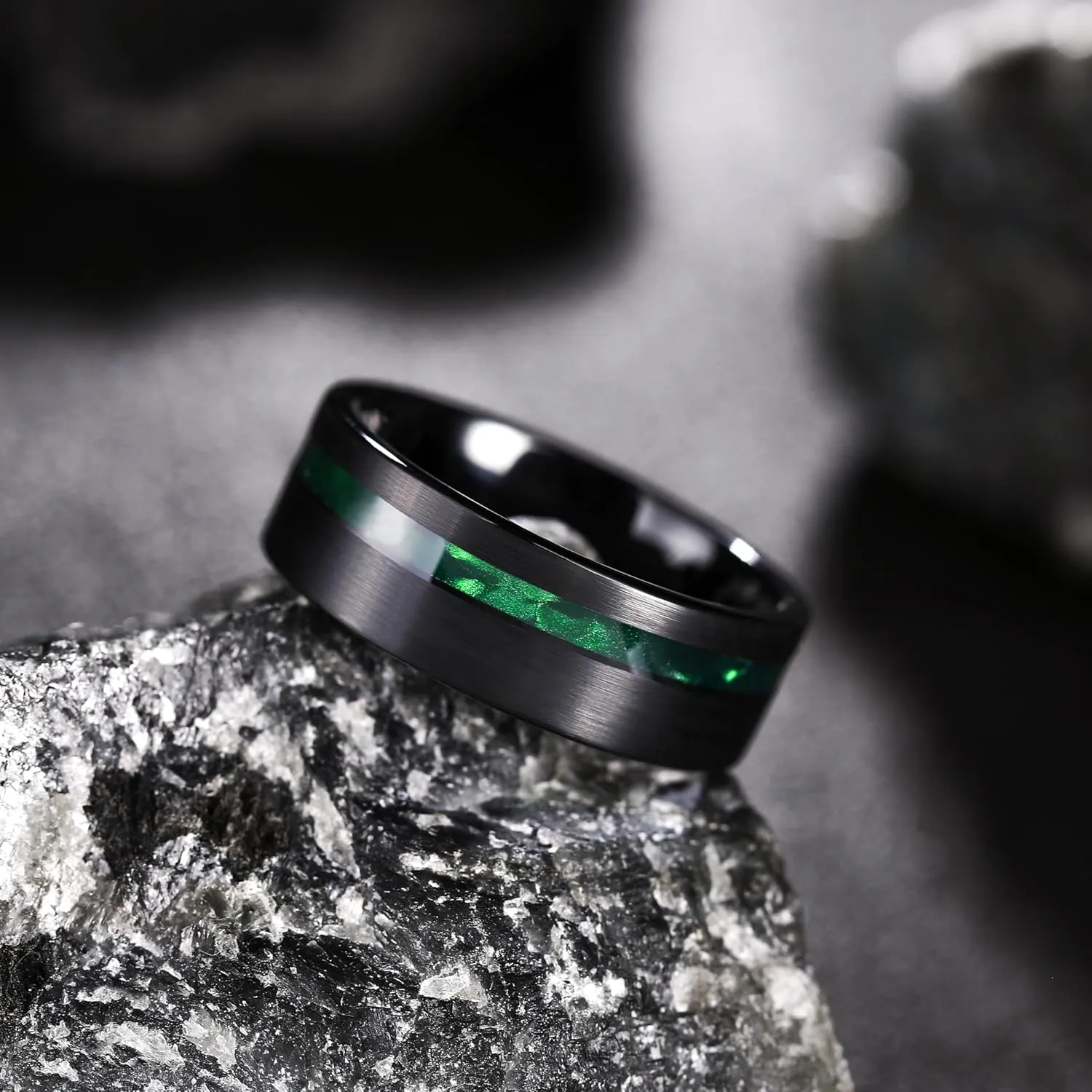 King Will 8mm Green/Blck/Red/Purple Shell/Meteorite Inlaid Black Tungsten Carbide Rings Wedding Band Brushed/Polished Mens Engagement Ring Comfort Fit for Men Women