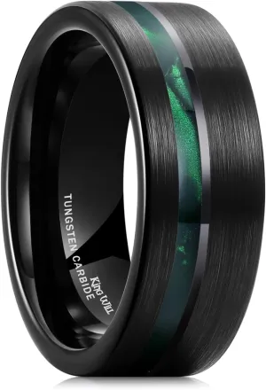 King Will 8mm Green/Blck/Red/Purple Shell/Meteorite Inlaid Black Tungsten Carbide Rings Wedding Band Brushed/Polished Mens Engagement Ring Comfort Fit for Men Women