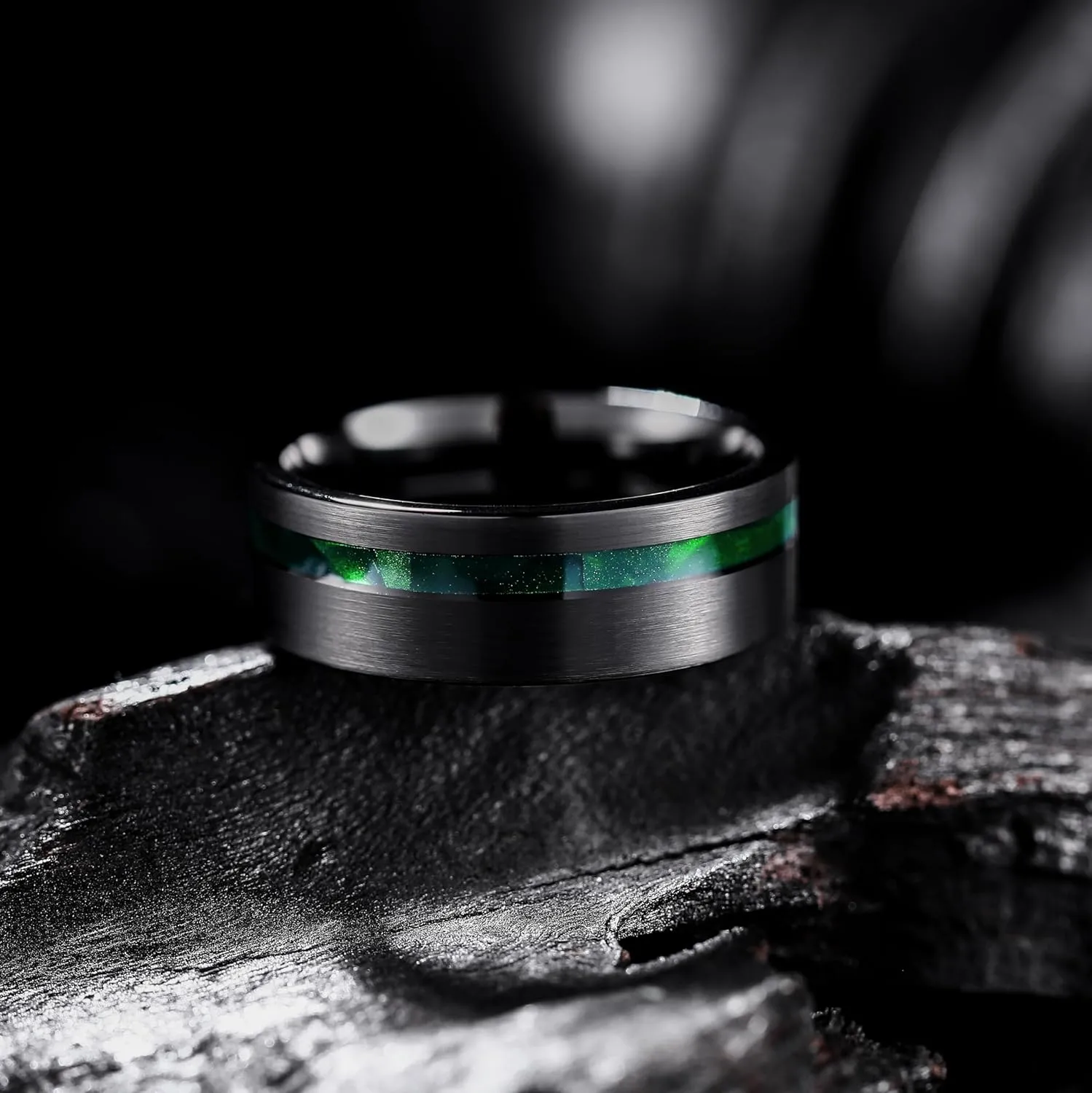 King Will 8mm Green/Blck/Red/Purple Shell/Meteorite Inlaid Black Tungsten Carbide Rings Wedding Band Brushed/Polished Mens Engagement Ring Comfort Fit for Men Women
